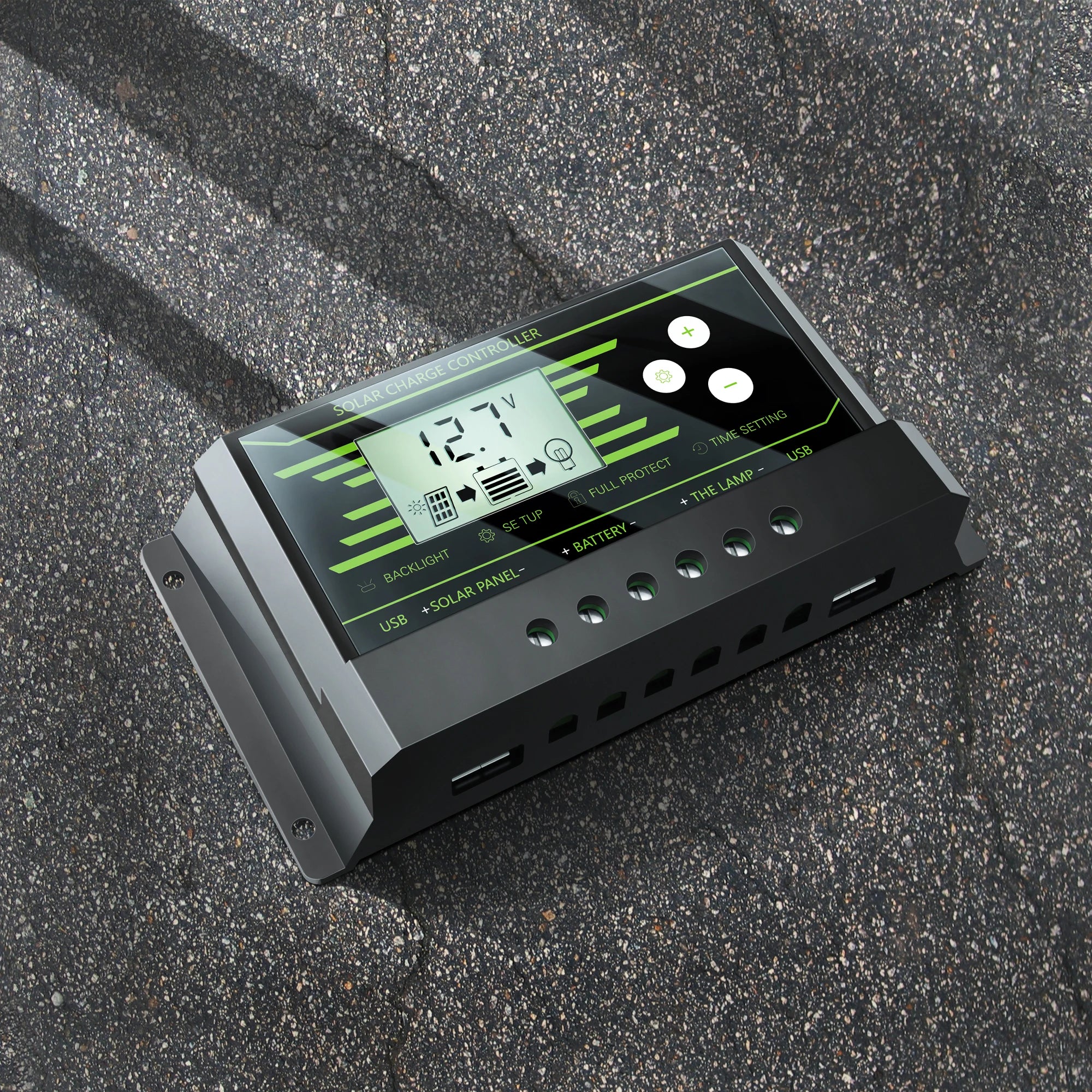 Portable solar power system with automatic start, charging, and back-up features.