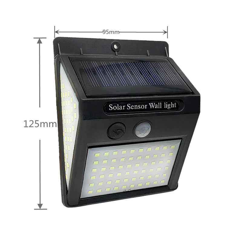 Outdoor 100 LED Solar Light, Compact solar-powered wall light with motion sensor, measures 95mm in height.