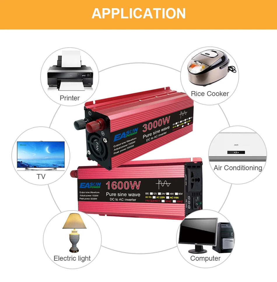 Inverter for electronic devices: converts 12V DC to 220V AC with pure sine wave and adjustable power output.