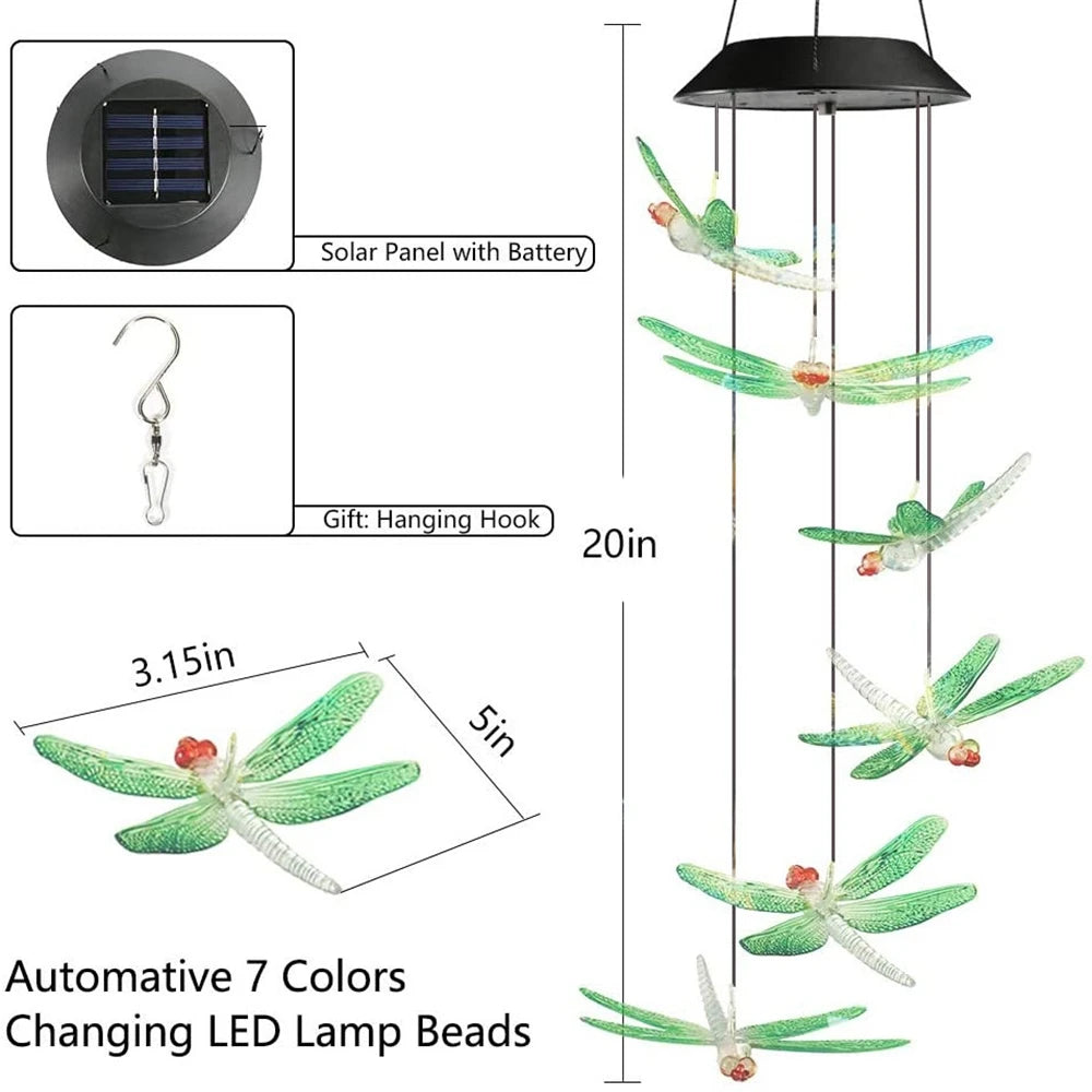 Color-changing solar-powered wind chime with LED lights and rechargeable battery.