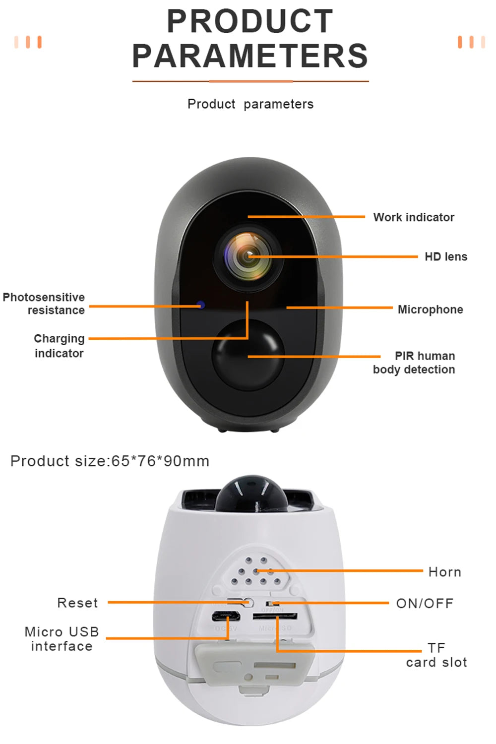 REHENTINT OG06T Solar Camera, HD lens, sensor, mic, charging indicator, PIR detection; compact size with USB & TF card slots.