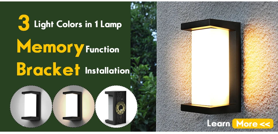Led Porch Light, Three adjustable light colors with memory function; bracket installation for easy setup.