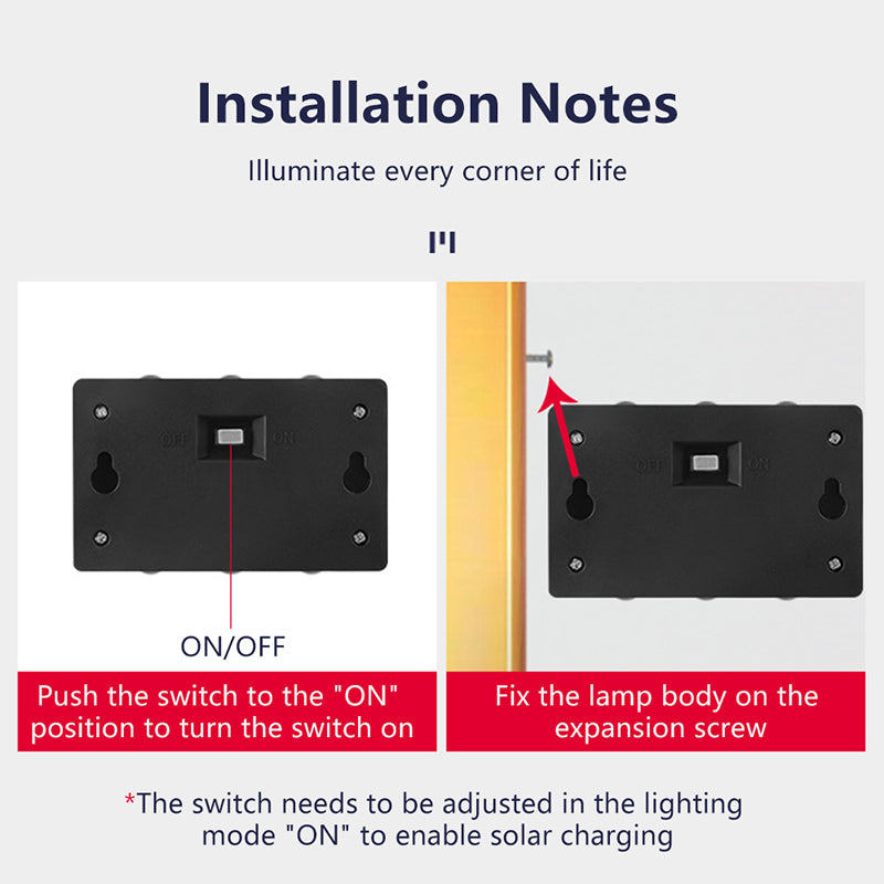 LED Solar Wall Lamp Outdoor Wall Light, Install by pushing ON/OFF switch to 'ON' and securing with expansion screw for proper solar charging.