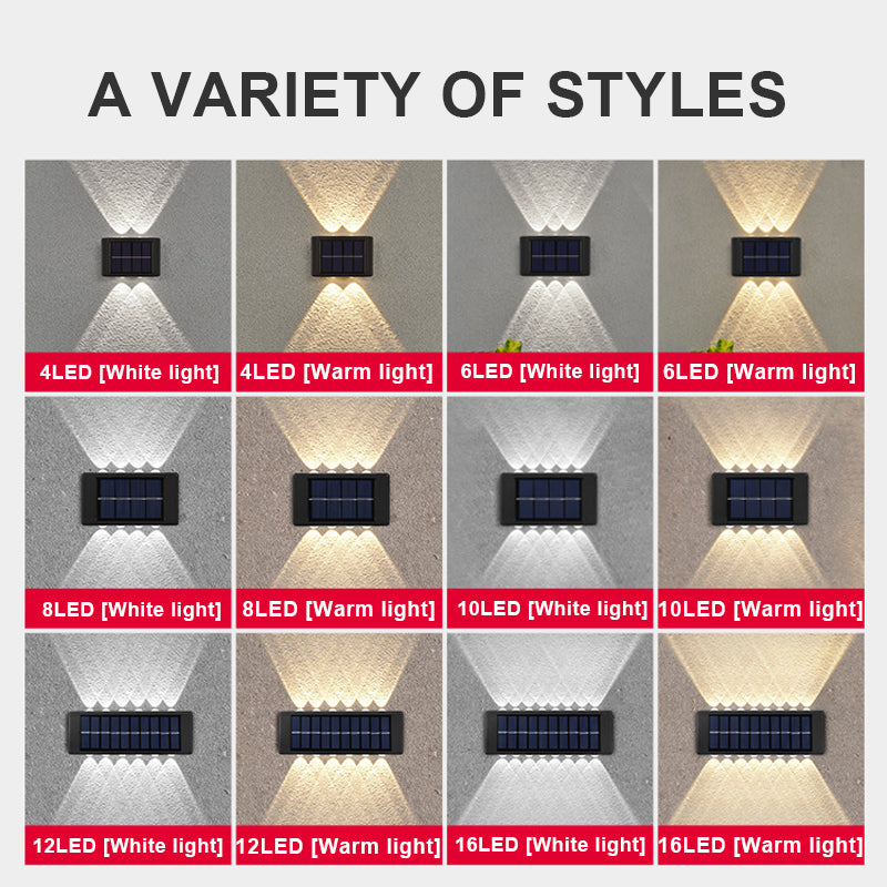 LED Solar Wall Lamp Outdoor Wall Light, LED lights with 4-12 units in white or warm colors for outdoor use.