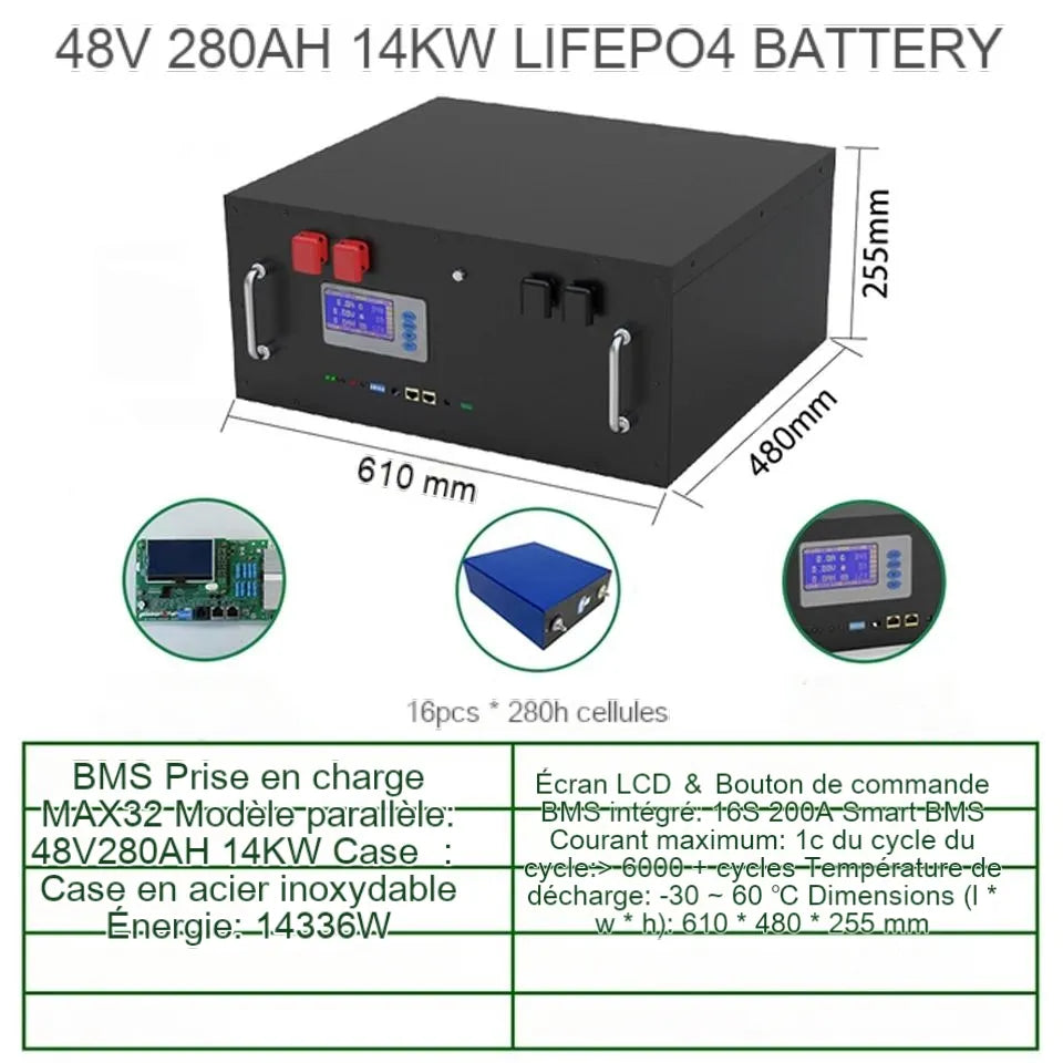 NOUVEAU 48 280AH LIFEPO4 PACK DE BATTERIE 14KWH - 6000+ CYLCLES 16S 51.2V 200AH 300AH RS485 / CAN OFF / ON GRID SOLYS SYSTEM 10 YEARS GARANY