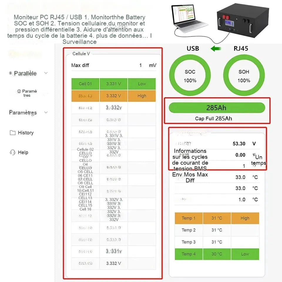 NOUVEAU 48 280AH LIFEPO4 PACK DE BATTERIE 14KWH - 6000+ CYLCLES 16S 51.2V 200AH 300AH RS485 / CAN OFF / ON GRID SOLYS SYSTEM 10 YEARS GARANY