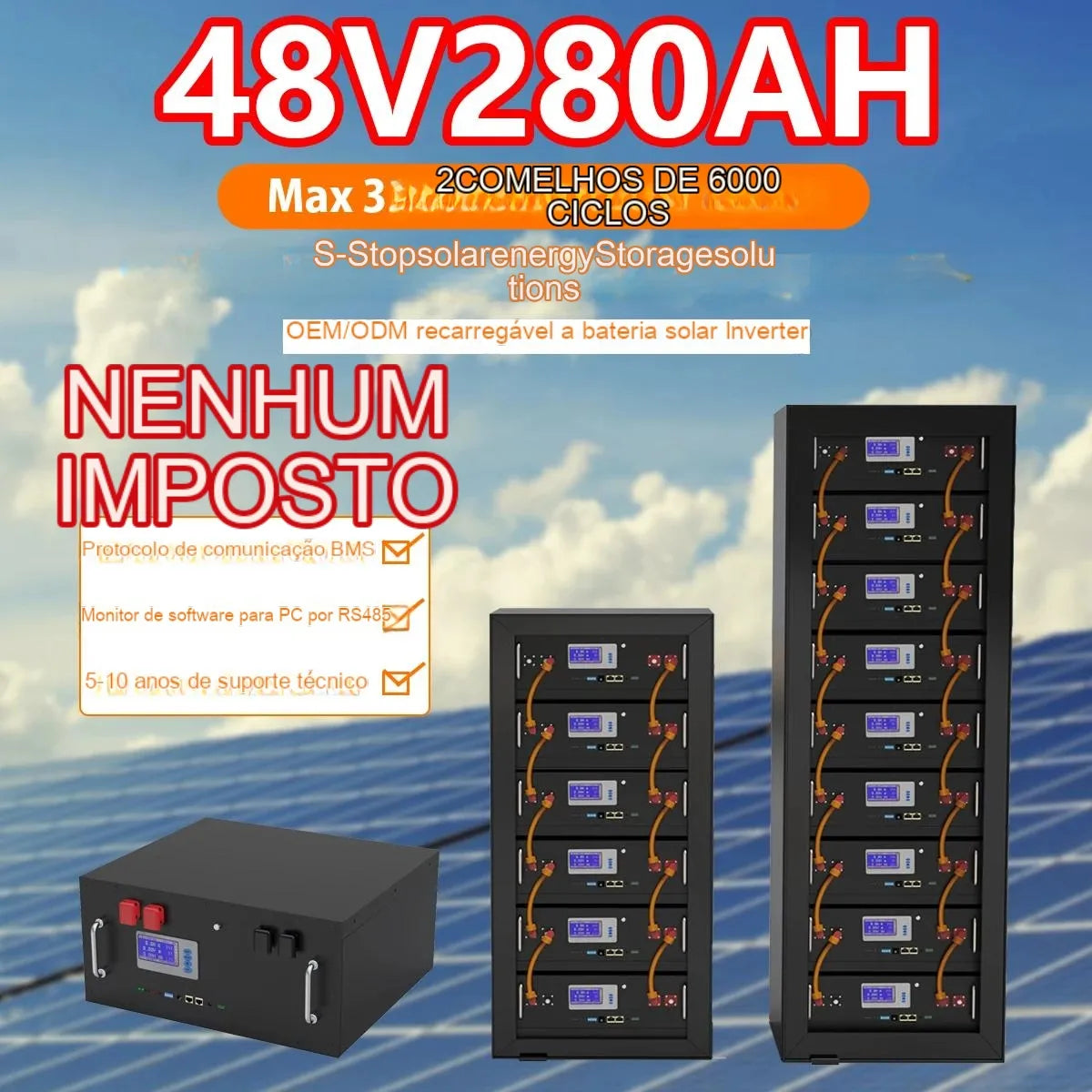 NOVO 48 280AH LIFEPO4 14KWH Battery Pack - 6000+ Cylcles 16S 51,2V 200AH 300AH RS485/LAN OF SISTEMA SOLAR SOLAR