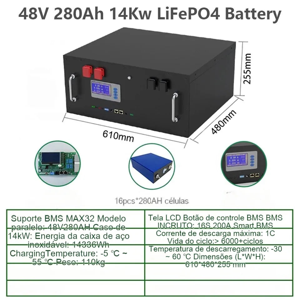NOVO 48 280AH LIFEPO4 14KWH Battery Pack - 6000+ Cylcles 16S 51,2V 200AH 300AH RS485/LAN OF SISTEMA SOLAR SOLAR