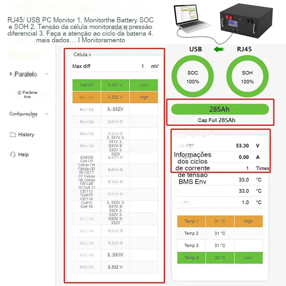 NOVO 48 280AH LIFEPO4 14KWH Battery Pack - 6000+ Cylcles 16S 51,2V 200AH 300AH RS485/LAN OF SISTEMA SOLAR SOLAR
