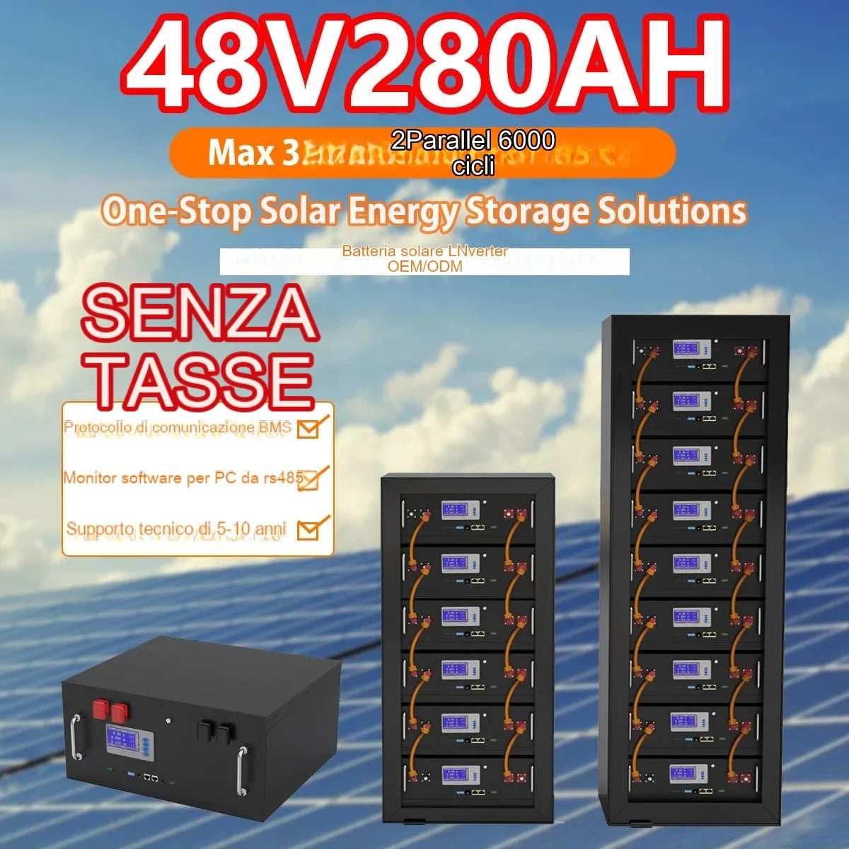 Nuovo pacco batteria da 48 a 280ah LifePO4 14KWH - 6000+ cilindri 16S 51.2V 200Ah 300Ah Rs485/Can Off/On Grid Solar System 10 anni Garanzia