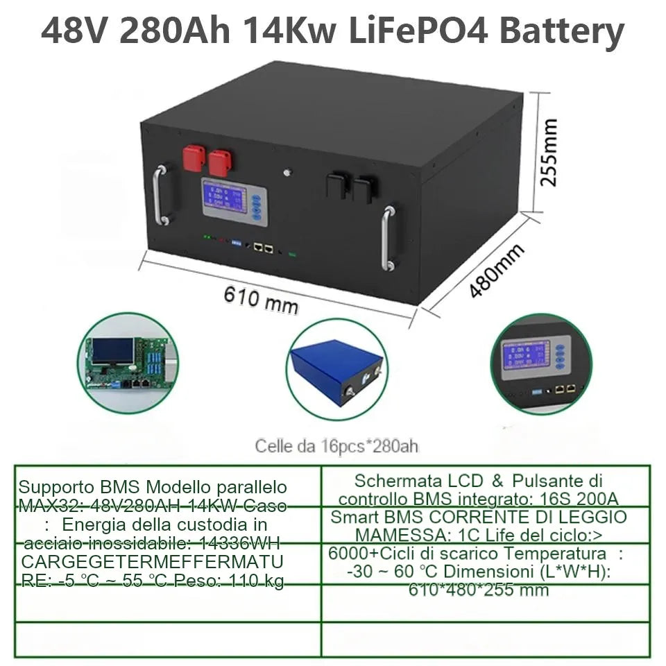 Nuovo pacco batteria da 48 a 280ah LifePO4 14KWH - 6000+ cilindri 16S 51.2V 200Ah 300Ah Rs485/Can Off/On Grid Solar System 10 anni Garanzia