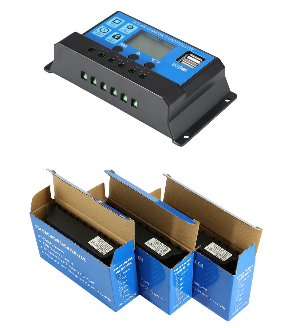 Solar-powered charger with LCD display and dual USB ports for multiple battery types.