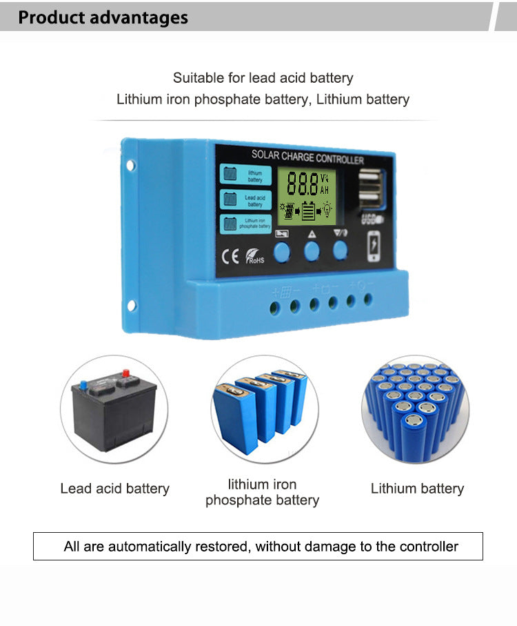 40A 50A 60A 100A MPPT Solar Charge Controller, Solar charge controller compatible with various battery types, featuring auto-restart for safe and undamaged charging.