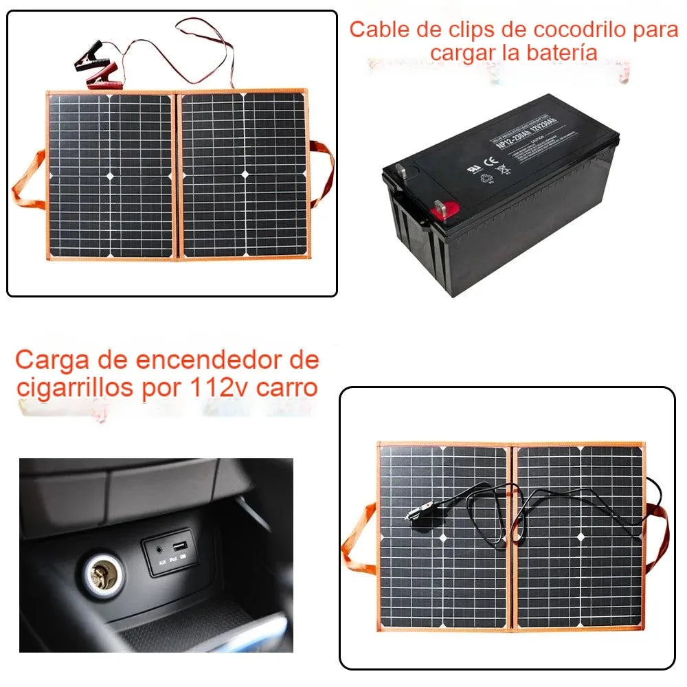 Panel solar plegable de 100W 80W 60W 40W, herramientas múltiples con clips de cocodrilo, cables y adaptador para cargar baterías de 12 V y dispositivos de alimentación sobre la marcha.