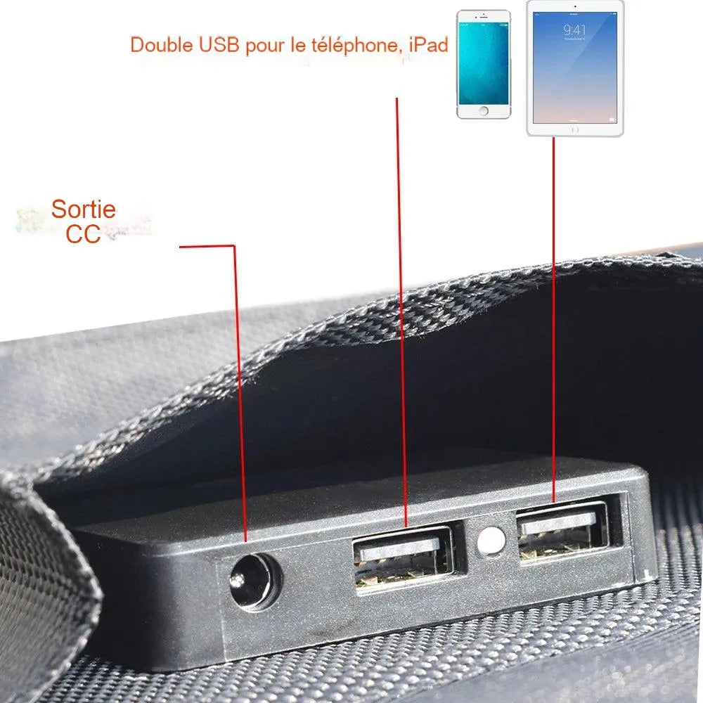 Panneau solaire pliable 100W 80W 60W 40W, charge plusieurs appareils via des prises USB et CC.