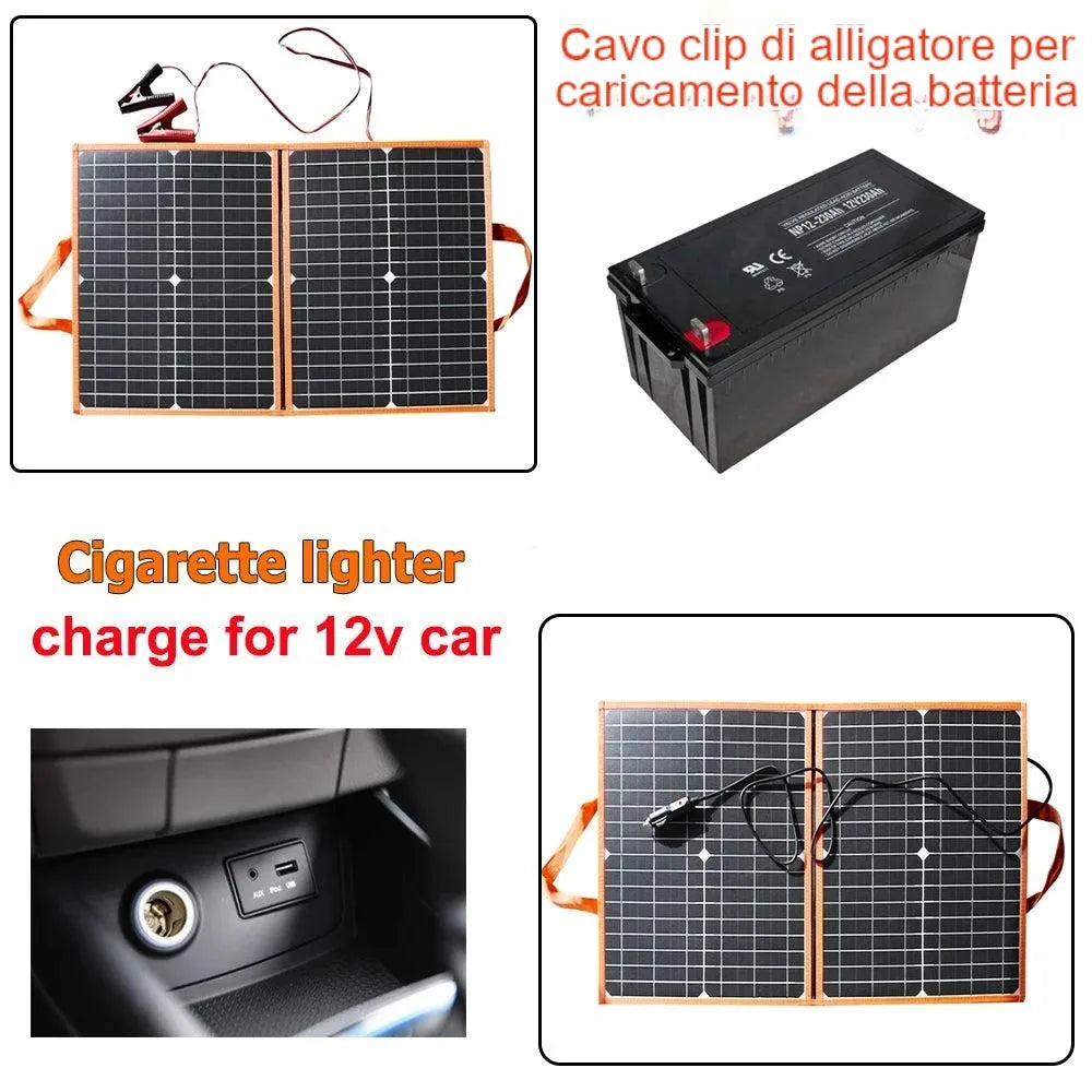 Pannello solare pieghevole da 100W 80W 60W 40W, multi-tool con clip di alligatore, cavi e adattatore per la ricarica di batterie da 12 V e dispositivi di alimentazione in movimento.