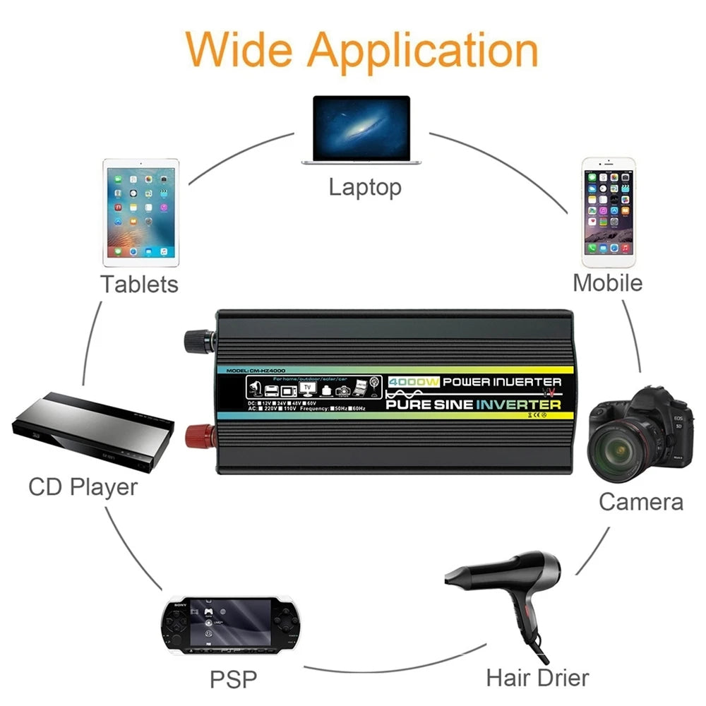 Pure sine wave inverter for devices: laptops, tablets, phones, cameras, and more.