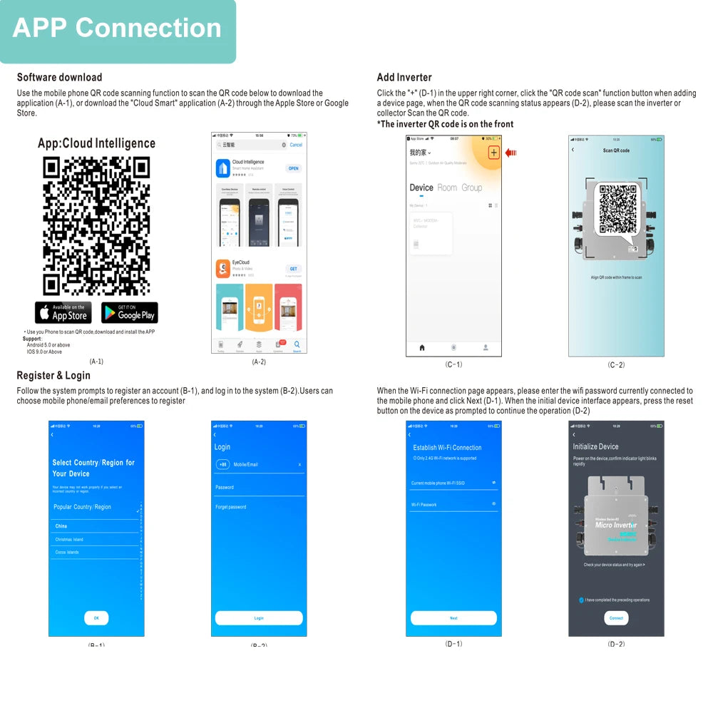 PowMr 400W 600W Micro Inverter, Download APP Connection Software via QR code scan or search on Apple Store/Google Play.