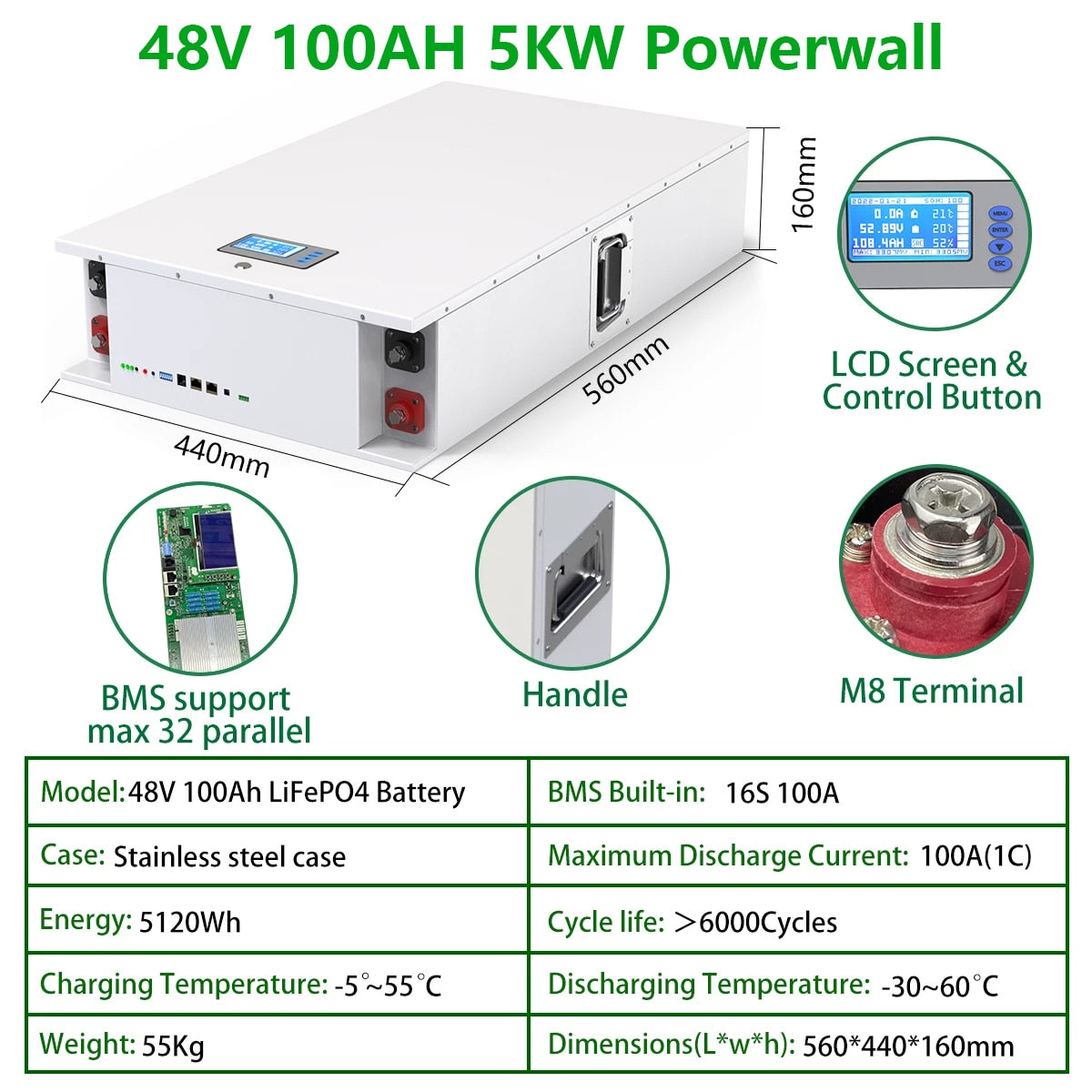 Bateria LiFePO4 48V 200AH Powerwall - Bateria Solar de Lítio 10KW 6000+ Ciclo Max 32 Paralelo Compatível com Inversor 48V LiFePO4