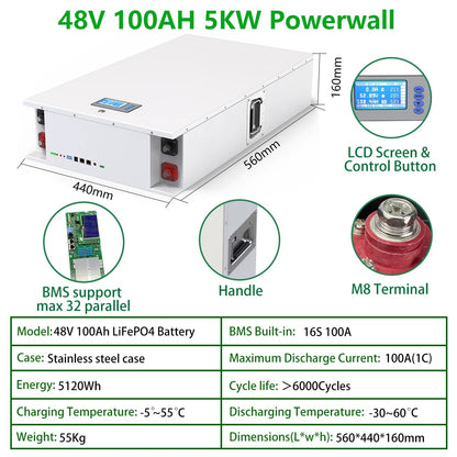 Batteria LiFePO4 48V 200AH Powerwall - Batteria solare al litio da 10KW 6000+ cicli Max 32 parallela compatibile con inverter 48V LiFePO4