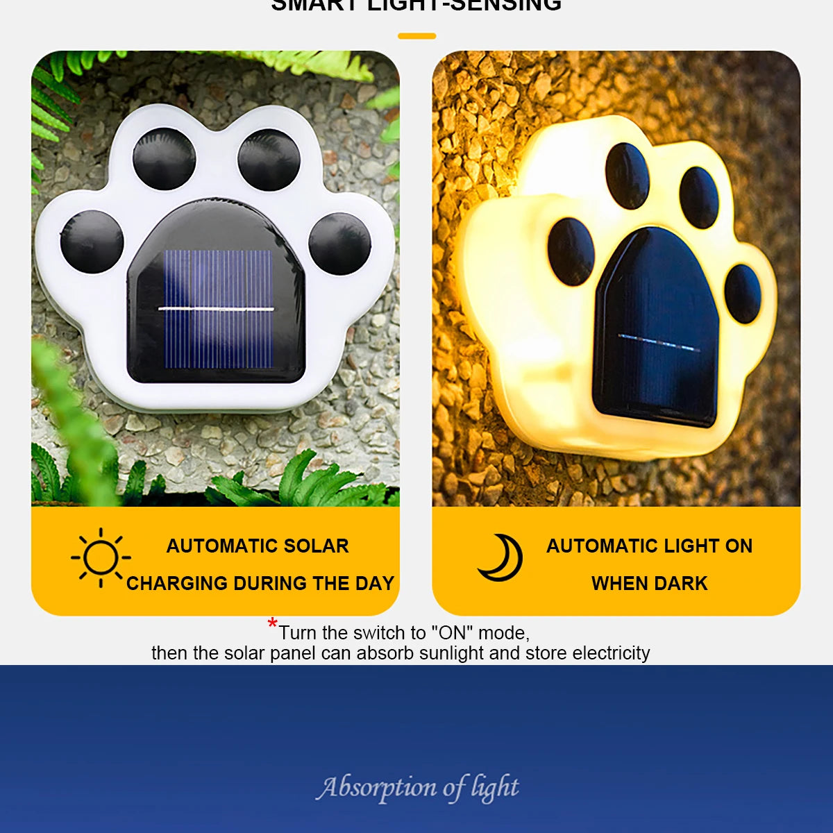 Solar LED Light, Automatic solar-powered lamp charges during the day and turns on at night.