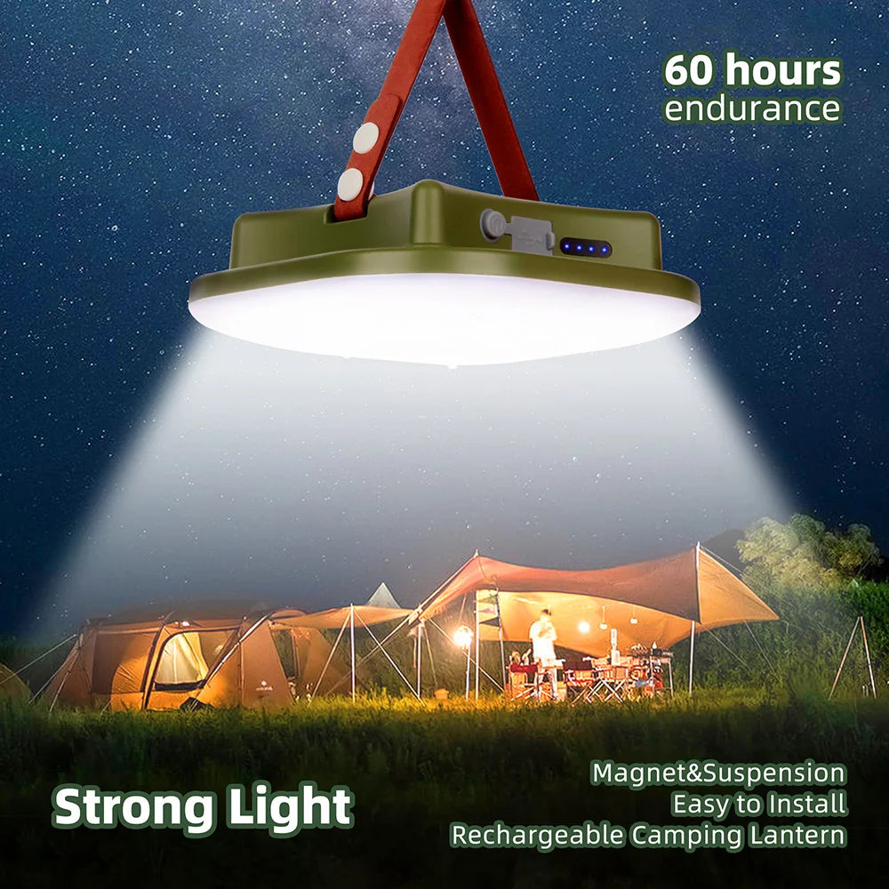 Portable light source for camping and outdoor use, providing 60 hours of brightness with easy recharging.