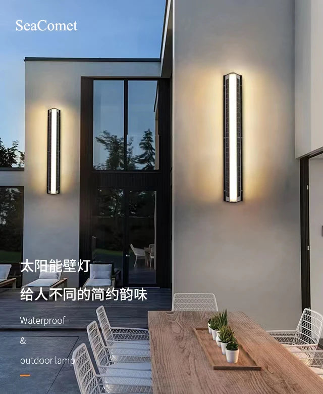 Solar LED Outdoor Wall Light, Waterproof outdoor lamp with linear light design for courtyard and scene lighting in various environments.