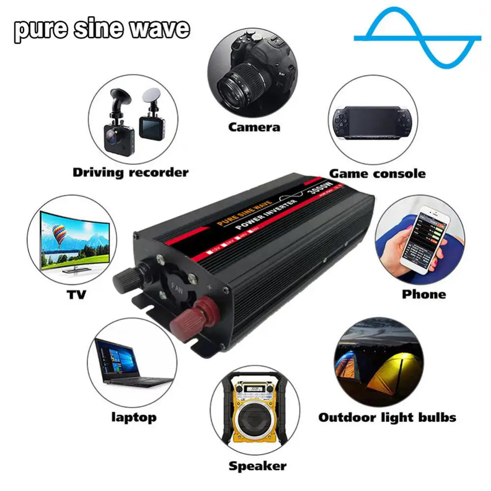 3000W Pure Sine Wave Power Inverter, Power device essentials indoors/outdoors/RVs/camping with reliable power source.