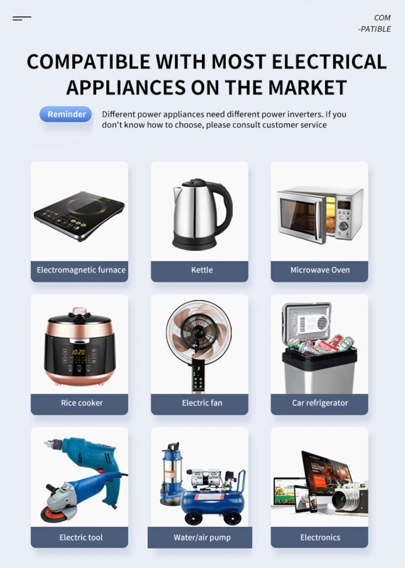 Pure Sine Wave Inverter, Appliance compatibility varies by device; contact customer service to determine correct inverter for specific use.