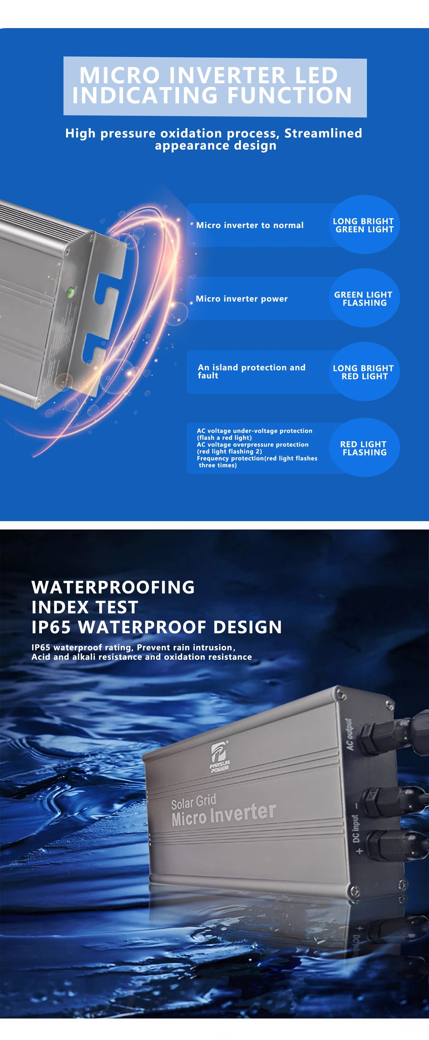 MPPT Solar Grid Tie Micro Inverter, Micro inverter with LED lights indicating normal/green or faulty/red operation.