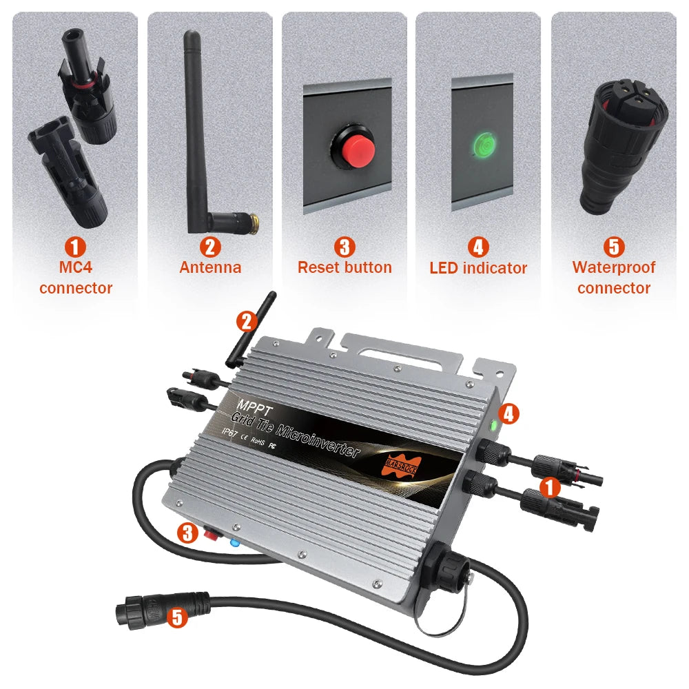 800W Grid Tie Micro Inverter, MC4 antenna, reset button, LEDs, waterproof connectors, and WiFi-enabled MPPT grid tie inverter.