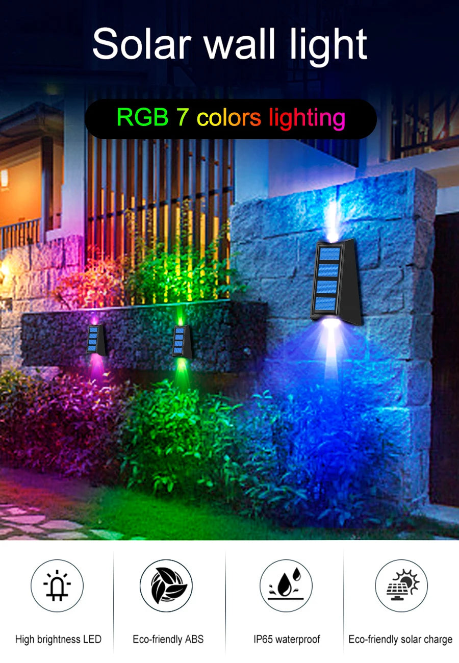 Decoration Solar Garden Light, Eco-friendly RGB solar wall light with 7 colors, high brightness, and IP65 waterproofing for outdoor use.