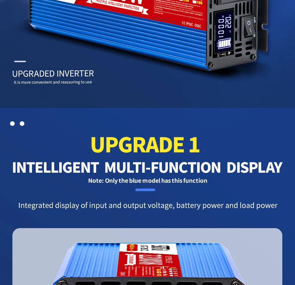 Pure Sine Waveform Universal Inverter, Monitor voltage, power, and load levels with the intelligent display on the blue model.