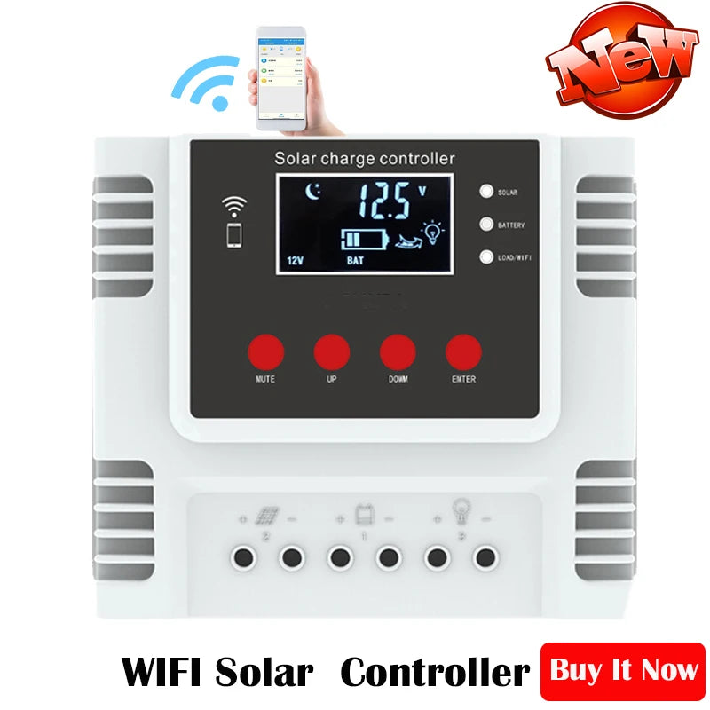 MPPT 10A 20A 30A Solar Charge Controller, Solar charge controller with MPPT technology, Wi-Fi connectivity, and compatibility with lithium batteries and solar panels up to 300W.