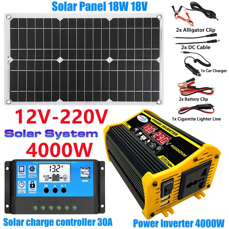 Portable solar power system with 18W panel, inverter, and charging accessories for devices on-the-go.