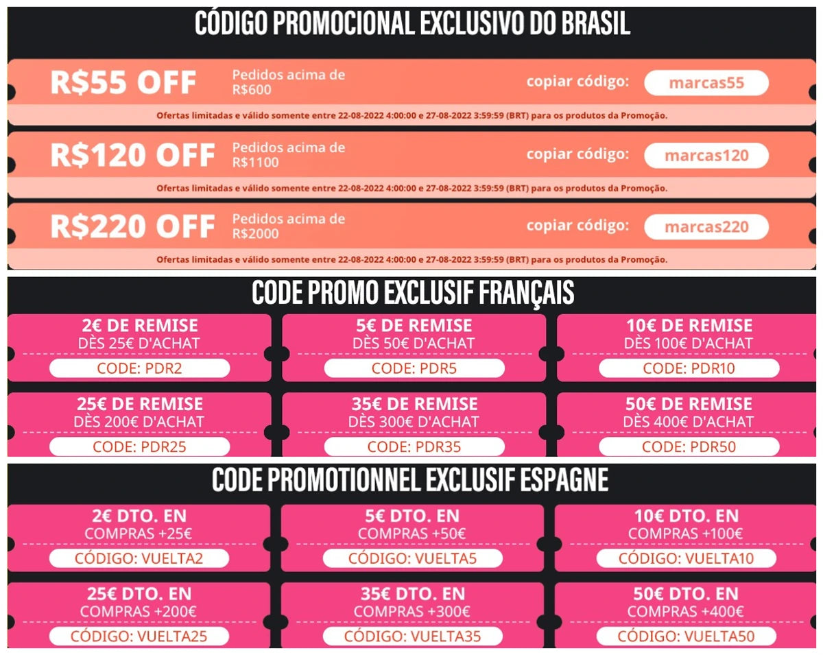 Exclusive promo codes for Brazil, France, and Spain: use codes marcas55/marcas120/marcas220 or PDR codes.