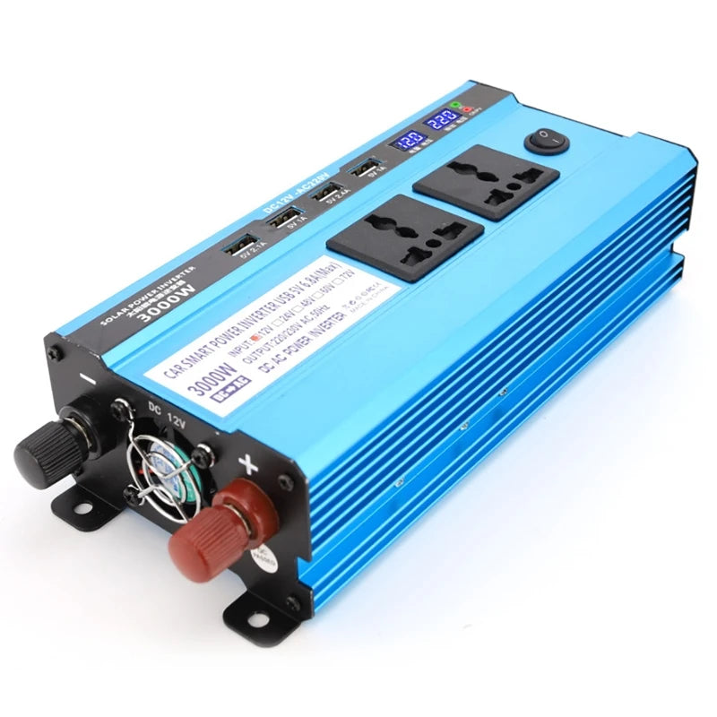 Modified sine wave power inverter converts DC power from solar panels or cars to AC output for home appliances.