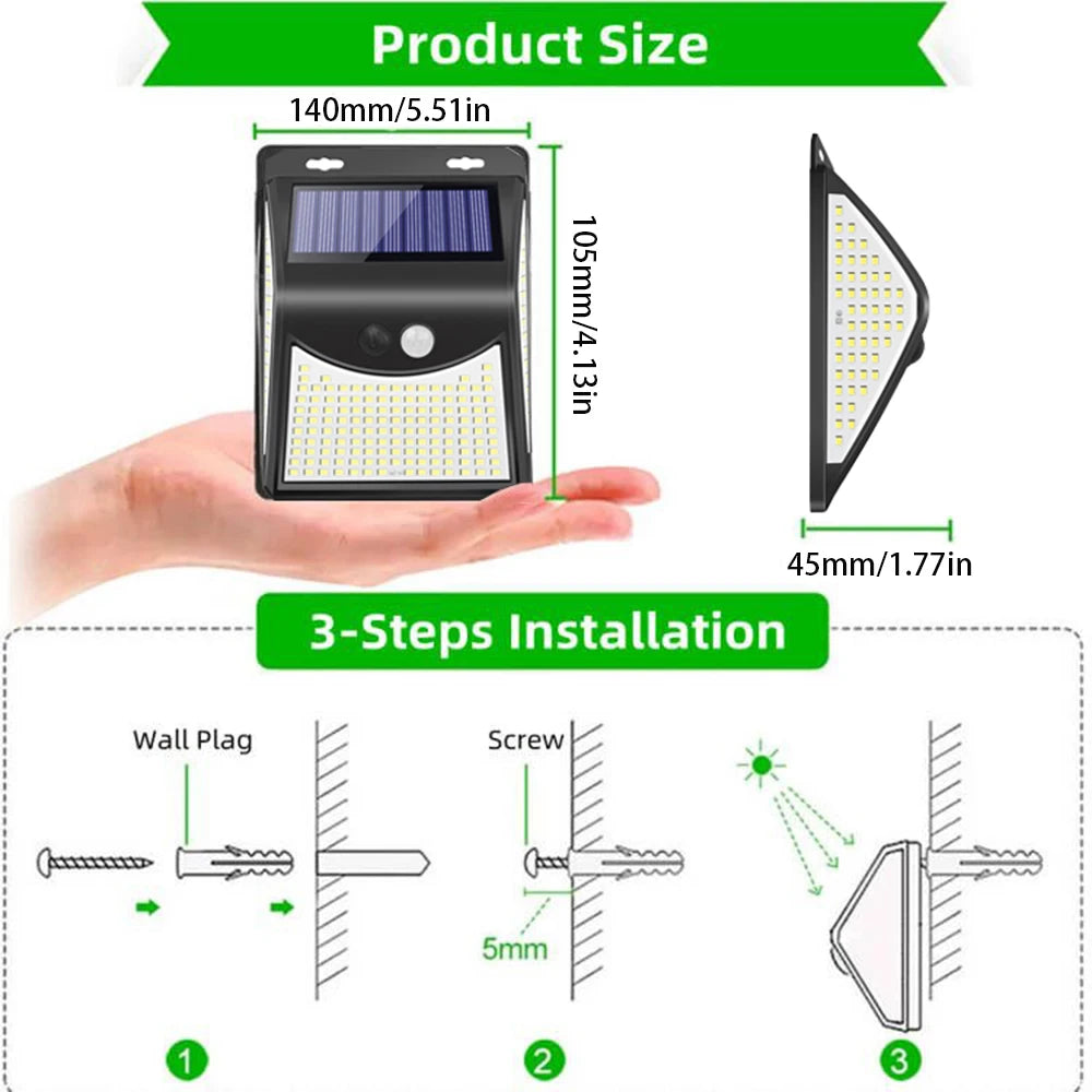 244 Led Outdoor Solar Light, Compact product dimensions: 14cm x 5.7cm, easy install with 3-step process and wall screws.