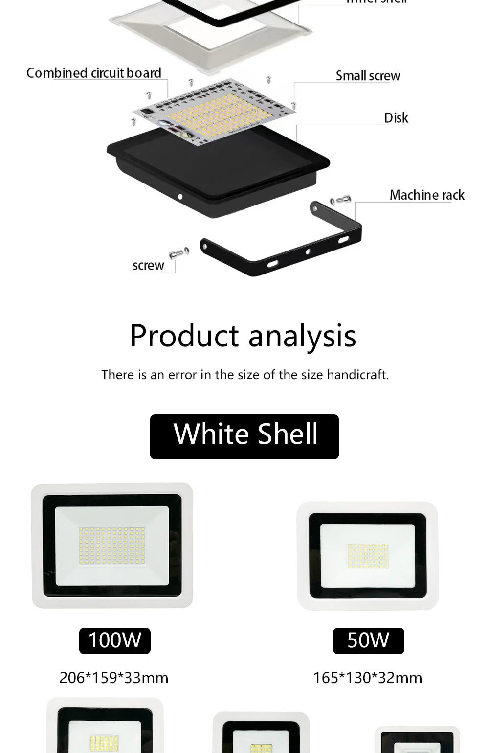 Waterproof LED flood light for outdoor use, available in various power options.