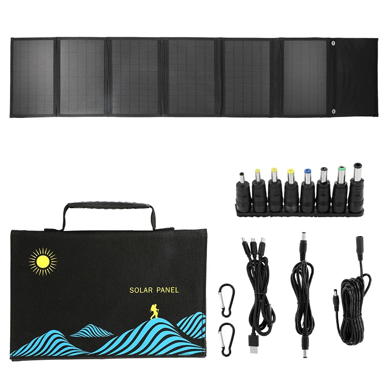 100W Solar Panel, Portable solar charger with foldable 100W panel, hanging holes, and clip for attaching to backpacks or camping gear.