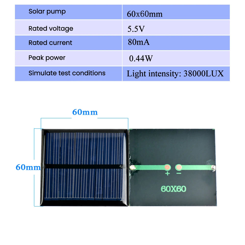 SUNYIMA 10PCS 2V 5V 6V 50*50 80*80 Solar Panel, Alternative solar pump details: 5.5V voltage, 80mA current, and 0.44W power output tested in bright lighting conditions.