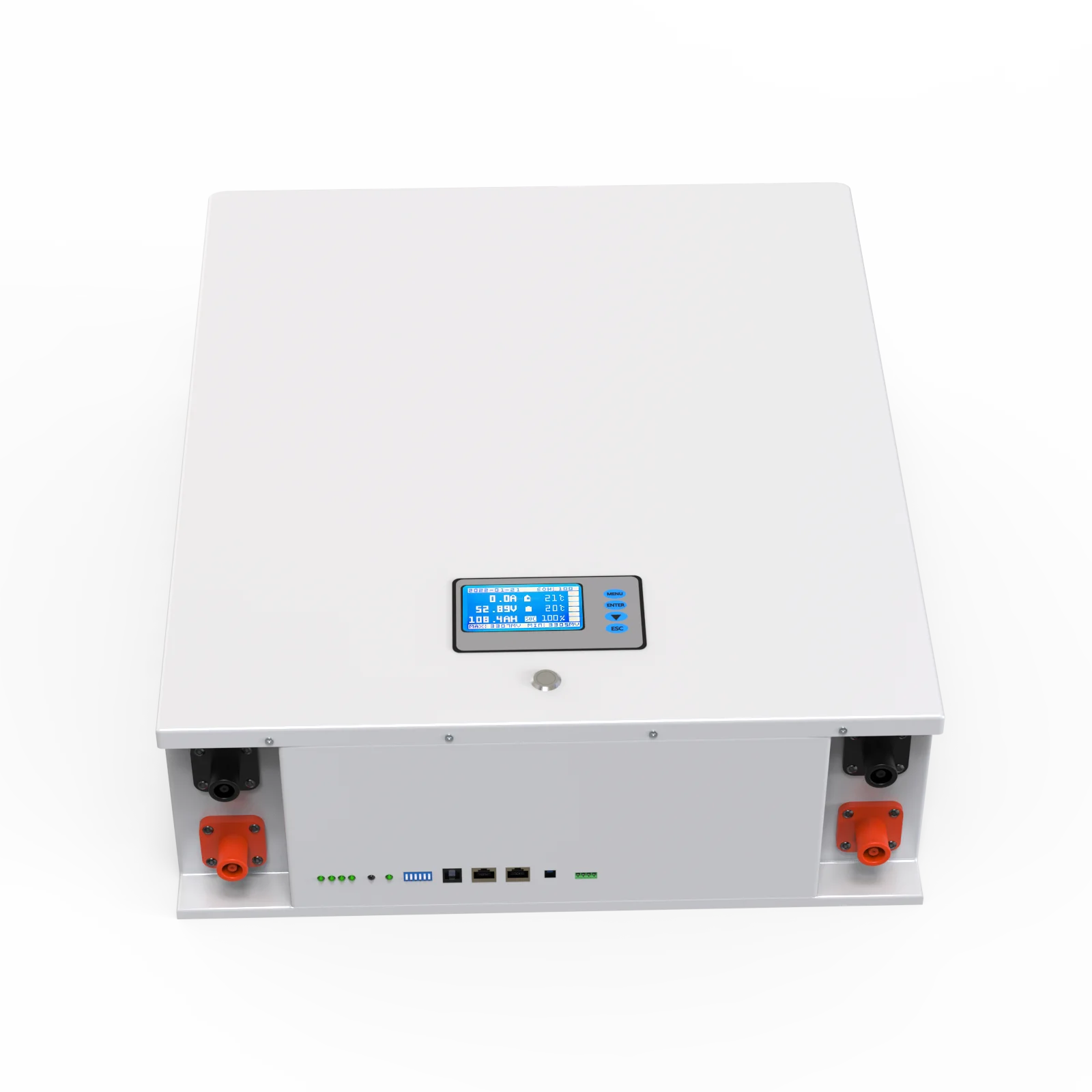 48V 100AH Powerwall LiFePO4 Battery, 48V, 100Ah lithium-ion battery pack with 5kW max power, suitable for inverters and featuring serial communication.