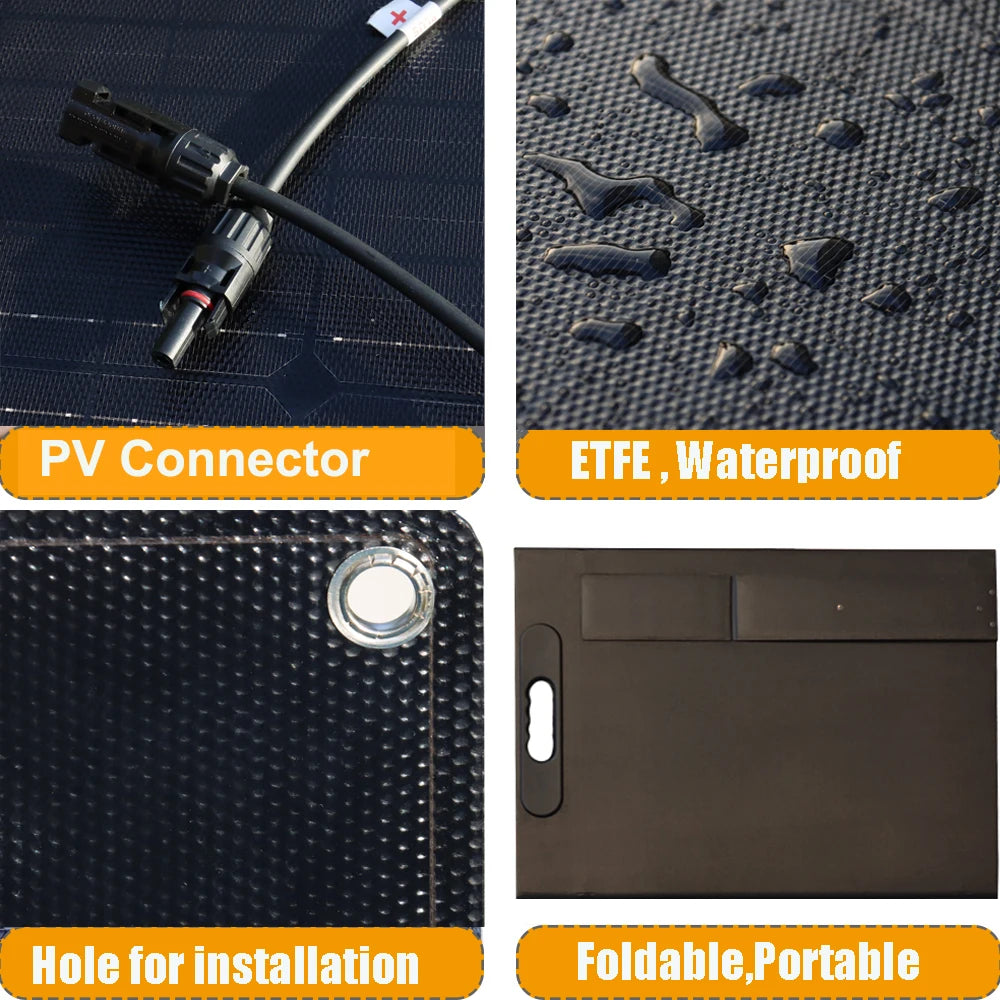 300W Foldable Portable ETFE Solar Panel, PV connector and waterproof hole for easy installation on foldable solar panel charger kits.