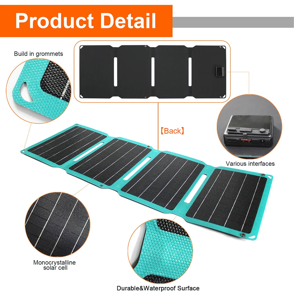 Upgraded 28W 21W 14W Portable Solar Panel, Waterproof solar panel with built-in grommets, multiple interfaces, and monocrystalline cells for outdoor power.