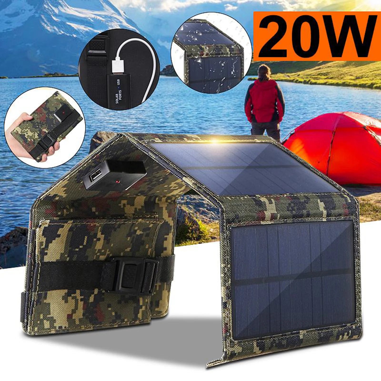 20W Outdoor Foldable Solar Panel, Portable and reliable power source for camping, hiking, emergencies, and outdoor work.