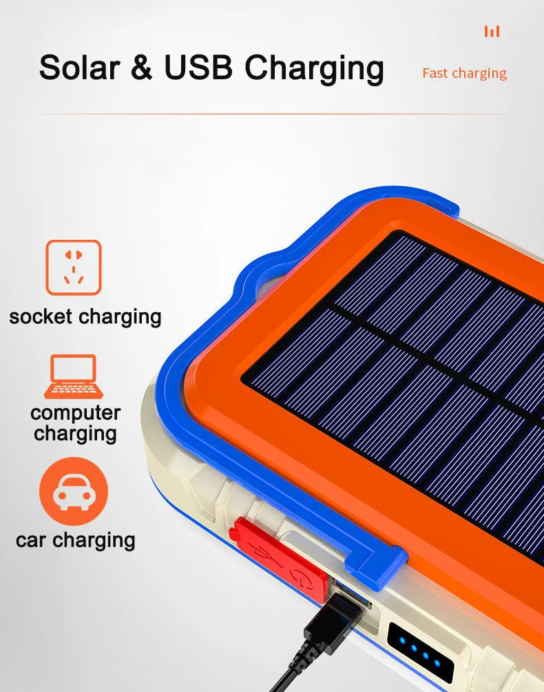 Quickly charges via solar or USB power, suitable for devices like computers and cars.