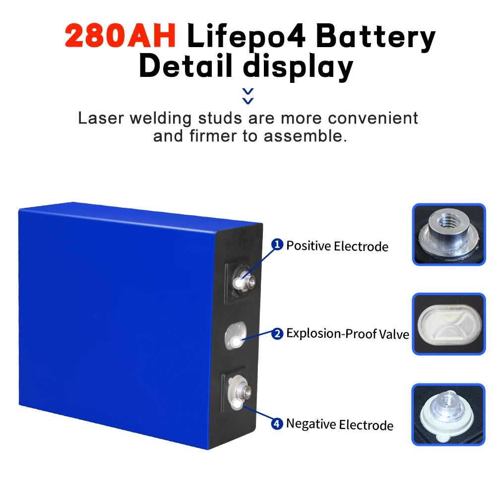 Laser-welded terminals and explosion-proof valve ensure ease of assembly and safety with Lifepo4 battery.