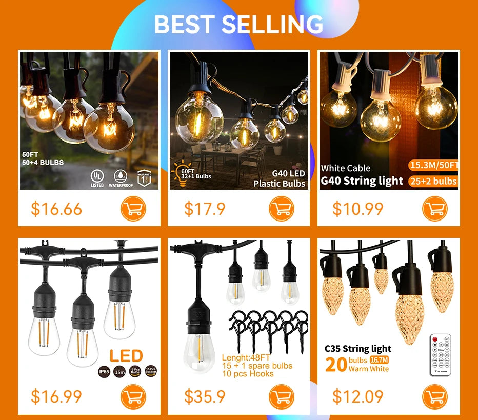 9M 18M  26M Festoon LED String Light, String lights with 50+ G40 bulbs and 15.3m cable, perfect for outdoor decor, including hooks and spare bulbs.
