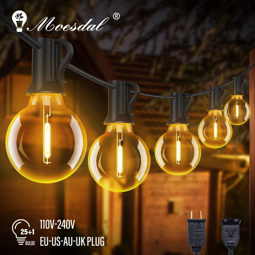 50FT LED G40 Ball String Light, Waterproof LED string lights with 25 bulbs, EU/US/ AU/UK plug compatible.