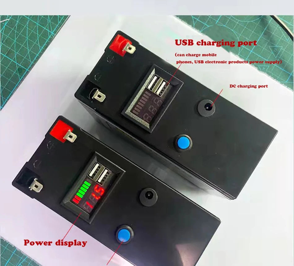 12V Battery, USB charging for devices and power display on DC charging port.